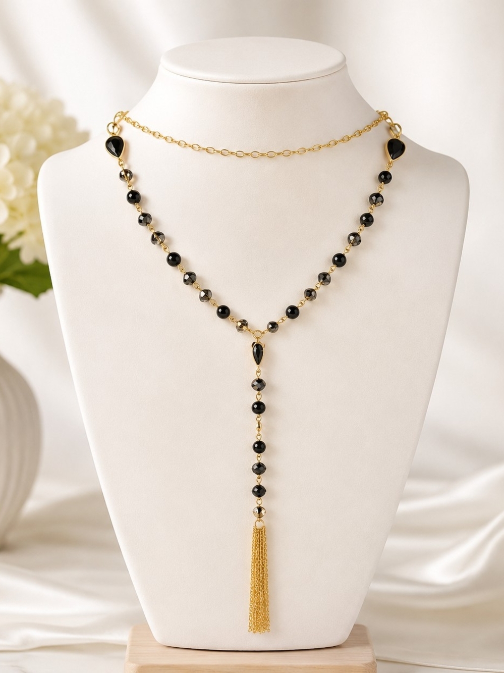 Black Gold Tassel Necklace Long Beaded Acrylic Statement Necklace 32" Layering